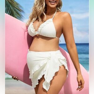 Maternity three-piece bikini set White Large Beach Skirt Bikini Top Bottom Large